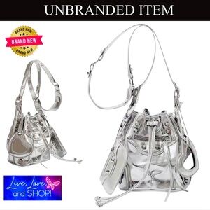 Sliver Rivet PU Leather Bucket Bag w/Shoulder Strap, Pouch, & 🤍Shaped Mirror